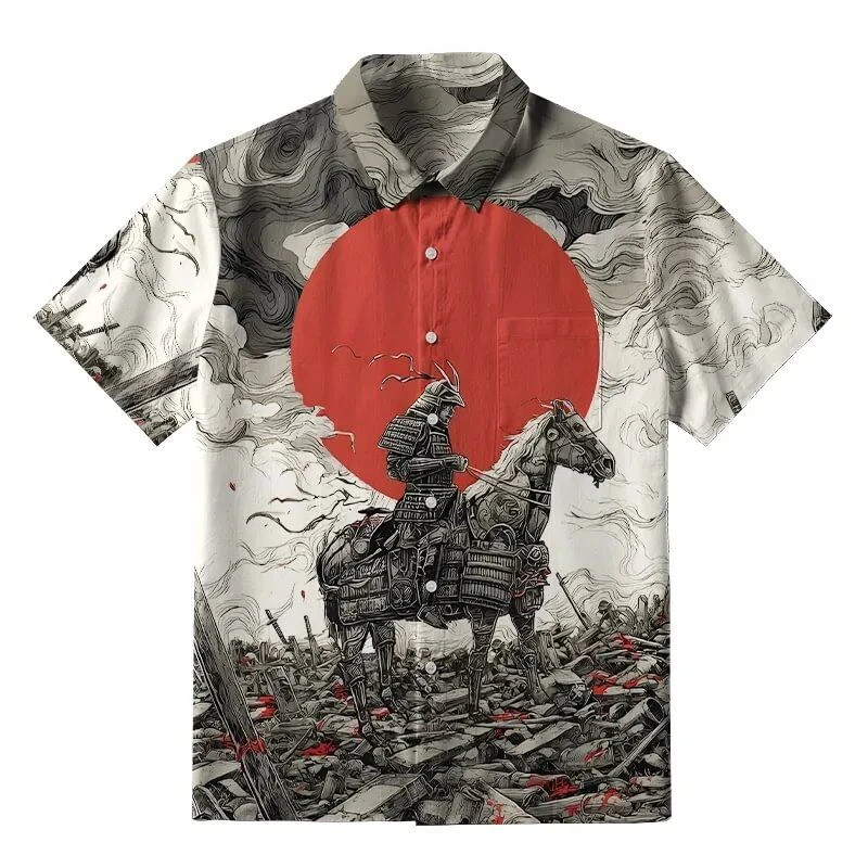 Men's trendy summer fashion, the ultimate samurai print pattern, summer button short-sleeved shirt, worn by street fashionistas