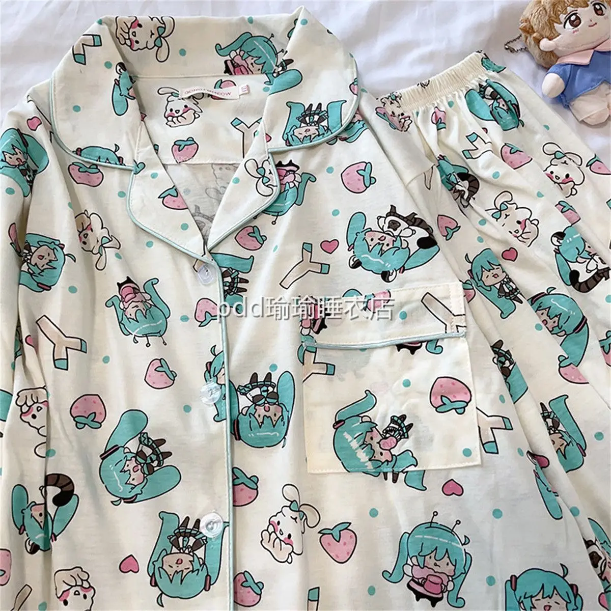 2Pcs Kawaii Anime Hatsune Miku Girs Pajamas Set Sleepwear Cartoon Print Lapel Leisure Loose Long Pants Home Pajama Gift for Fans view 6