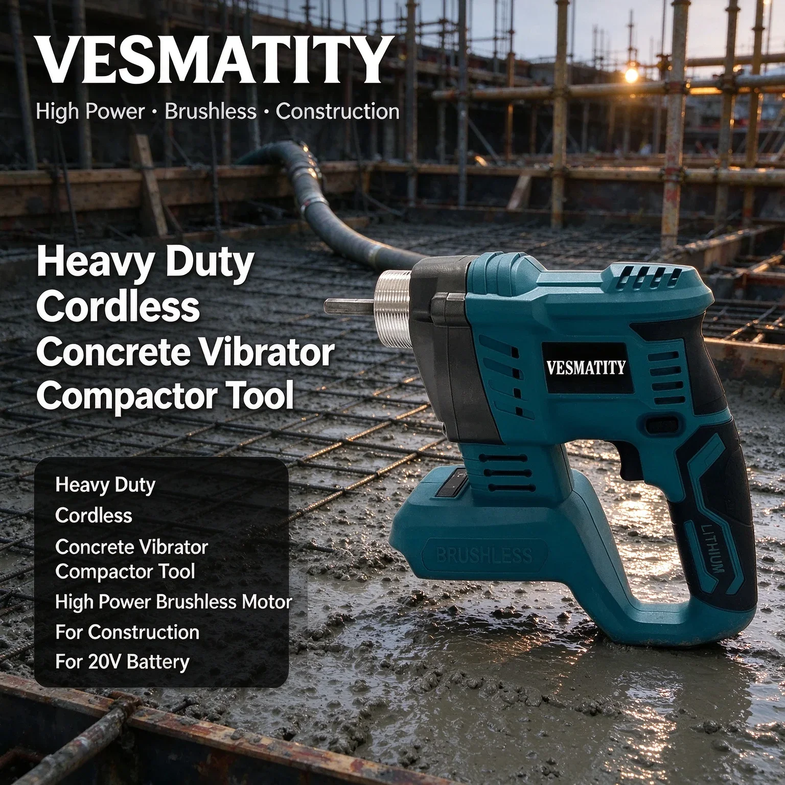VESMATITY Heavy Duty Cordless Concrete Vibrator Compactor Tool High Power Brushless Motor for Construction for 20V Battery