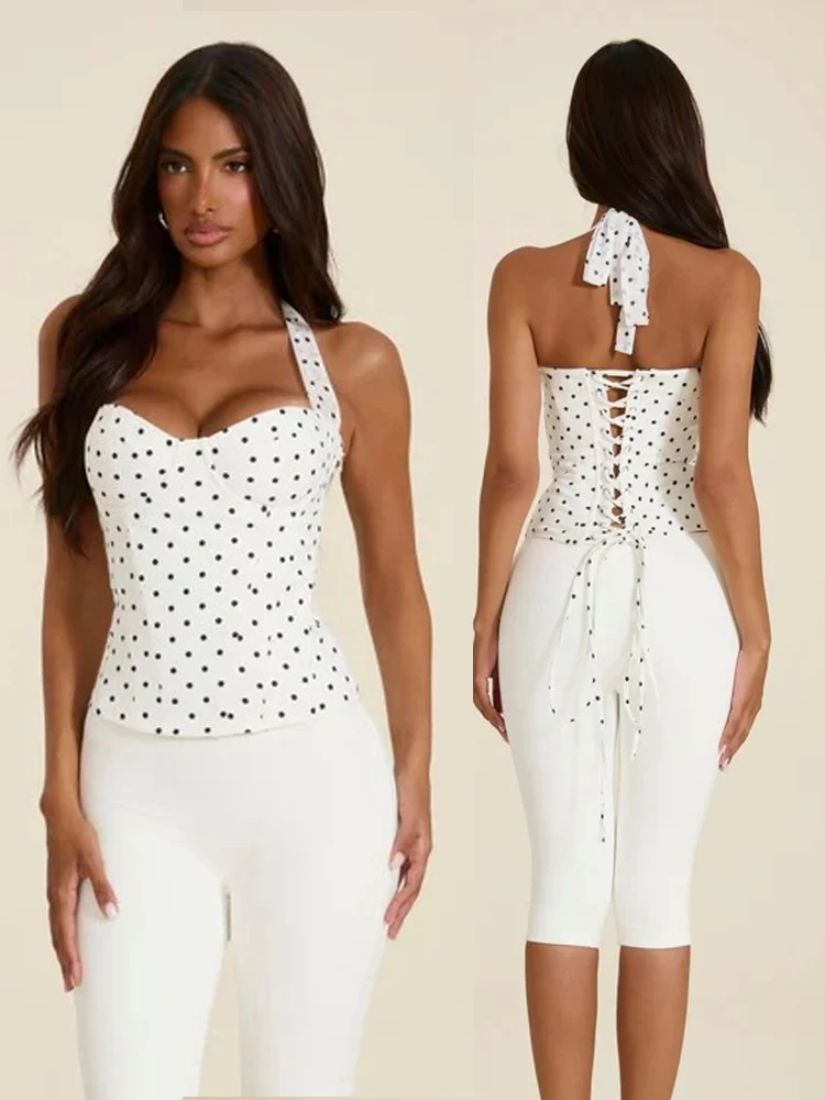 Summer Women Casual Vintage Polka Dot Halter Sweetheart Neck Lace-Up Back Shaping Waist Crop Corset Top
