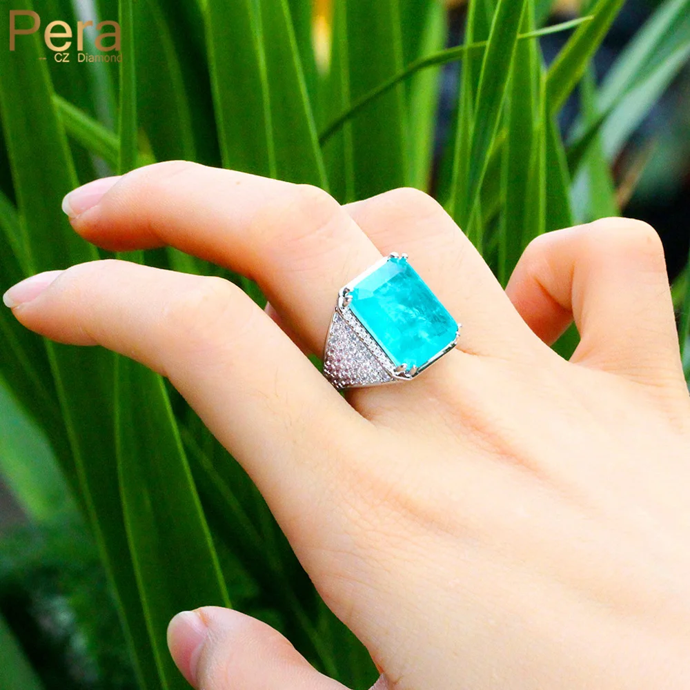 

Pera Classic Big Princess Cut Light Blue CZ Stone Paraiba Tourmaline Silver Color Open Finger Ring for Brides Wedding Bands R049