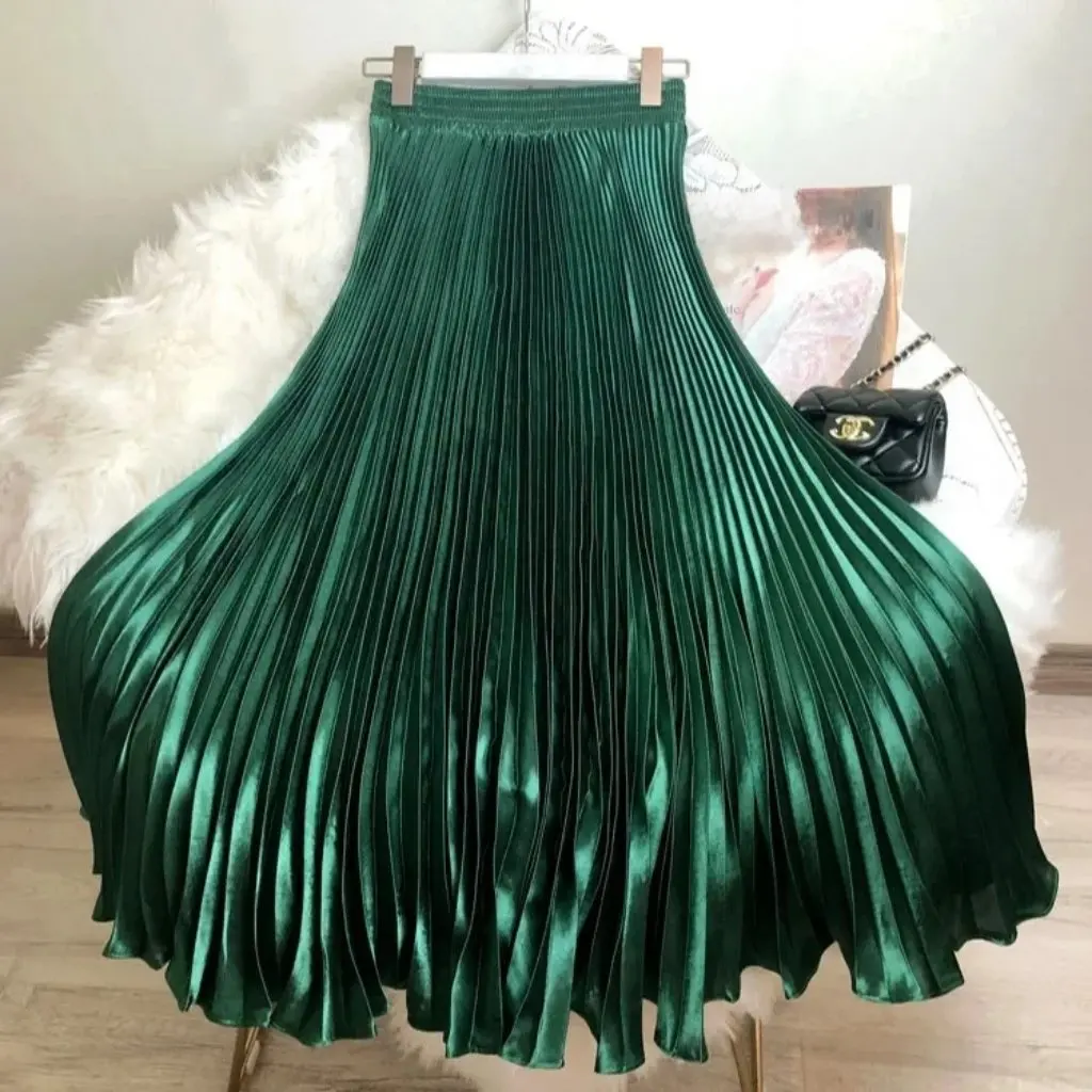 

Women's High Waist Mid-Length Satin Pleated Fishtail Skirt 1m Long Bright Color Reflective Dance Skirt Large Swing Umbrella