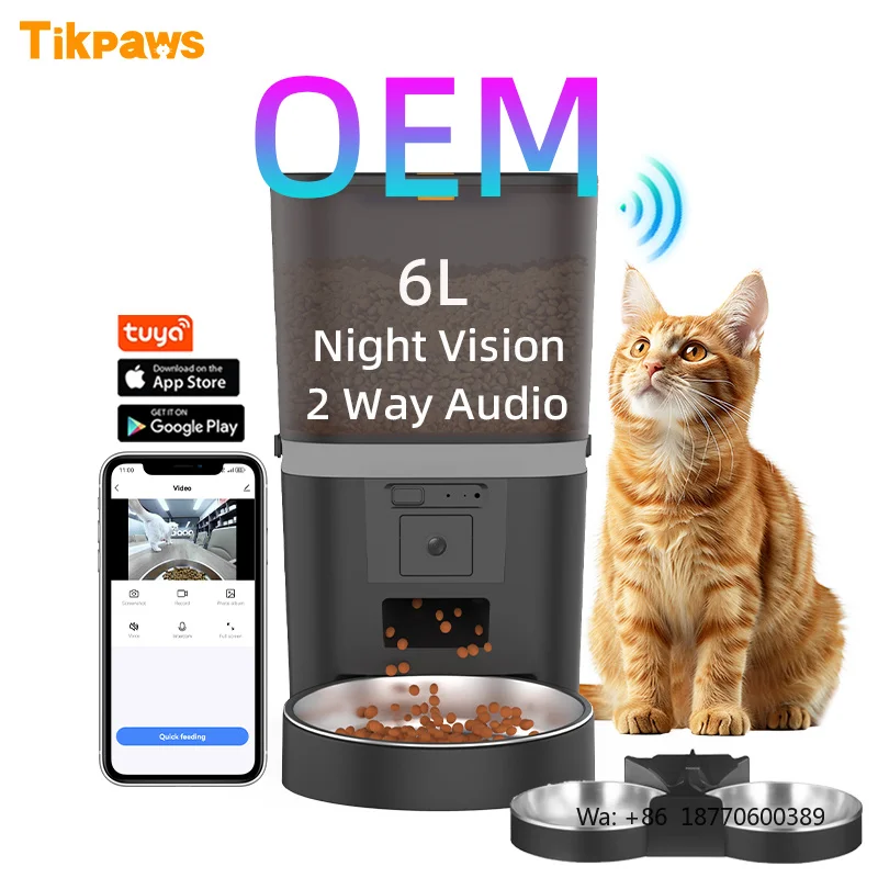 OEM 6L Automatic Pet Feeder With Camera Tuya App Control 2 Way Audio Dog Dry Food Dispenser Wifi Smart Cat Feeder With Camera