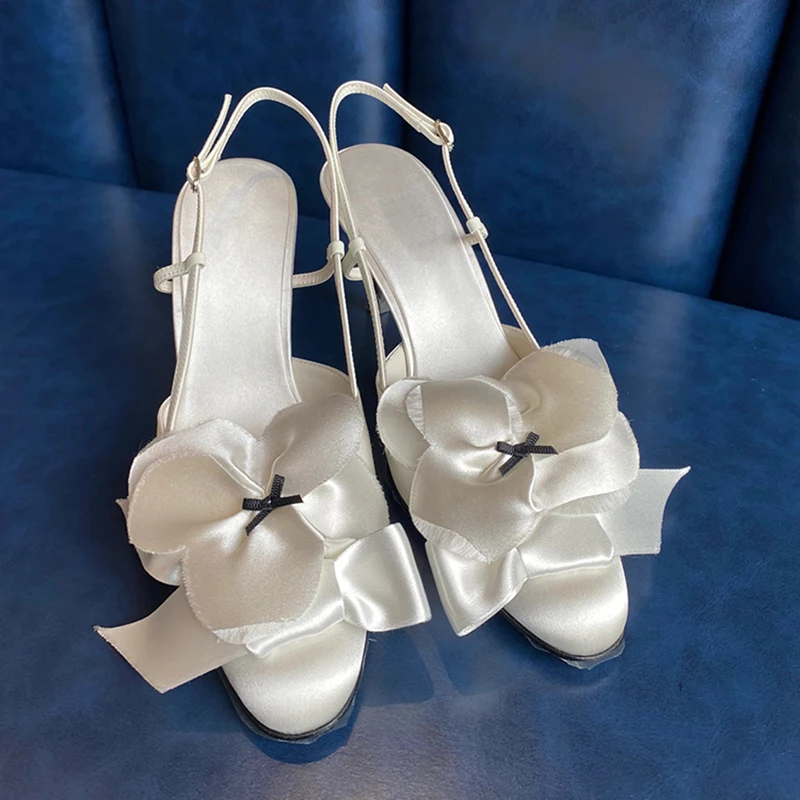 White Flower Sandals Round Toe Black Bow Detail Hollow Slingback Buckle Stiletto Heels Summer Party Dress Casual Shoes