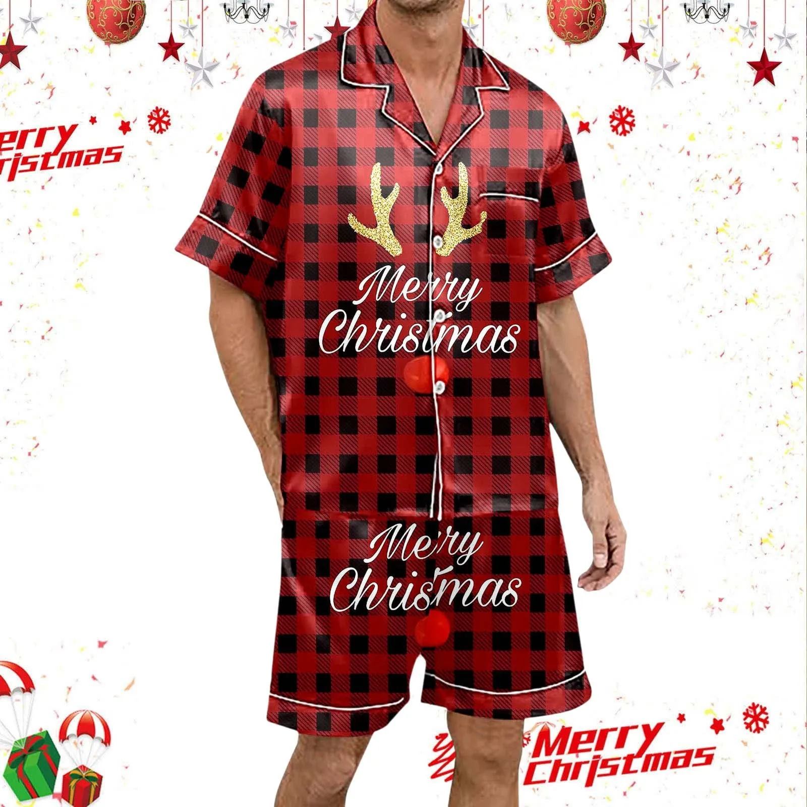 Men Christmas Tree Print Christmas Pajama Set Sleepwear Pyjama Button Down Top Shorts Nightgowns Ladies Xmas Silk Satin Linger