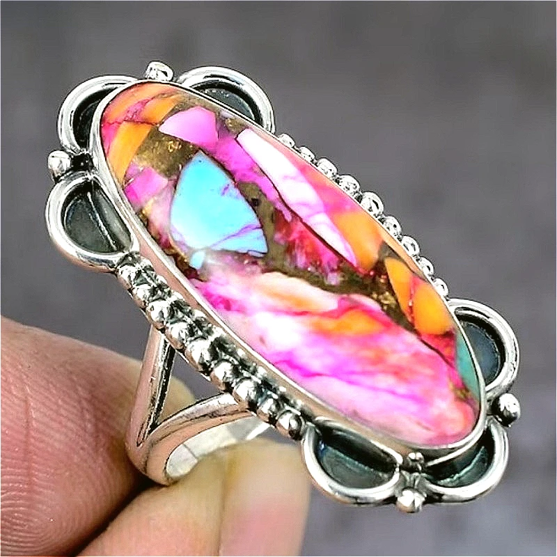 Böhmischer Vintage-Ring mit großem ovalem Steinmuster, silberbeschichtet, für Damen, eleganter Schmuck für festliche Anlässe