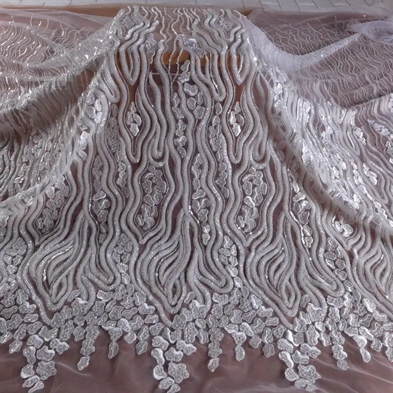 White silver beaded lace embroidered fabric beaded wedding dress lace fabric 51'' width 1 yard