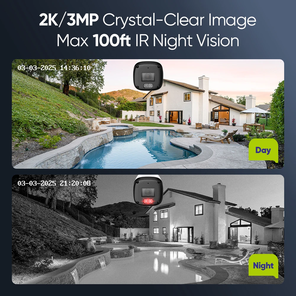 SANNCE 3MP Câmera de vigilância doméstica Sistema POE, câmera de proteção de segurança de rede Visão noturna Monitor remoto CCTV à prova d'água