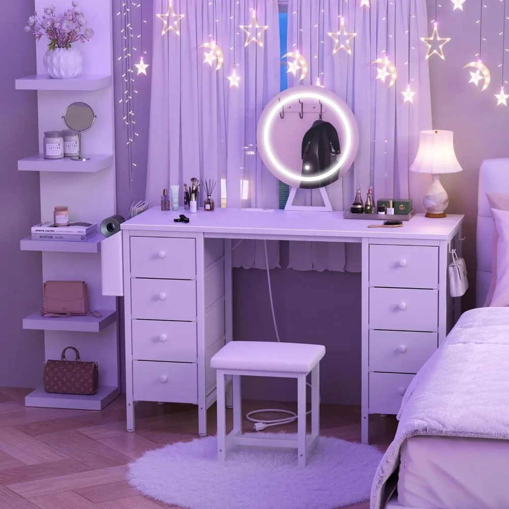 مكتب زينة أبيض مع مرآة وإضاءة - طاولة طقم مكياج مع كرسي، تخزين، مرآة مضاءة، 8 أدراج قماش كبيرة وP