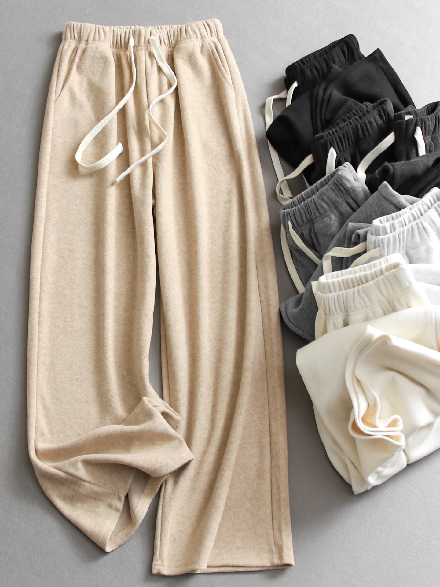 

Loose Knitted Wide Leg Pants Pure Color Elastic Waist Casual Trousers Women's Autumn New Style Drapey Lazy Long Pants B350