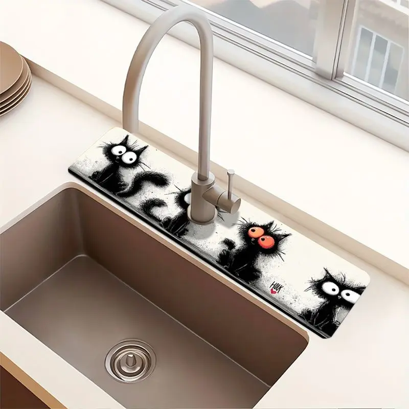 VIKAMA Art Black Cat Print Faucet Drying Mat Waterproof Quick Dry Non Slip Cutout Tap Pad Kitchen Bathroom Counter Protector