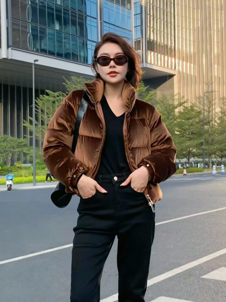 Coffee colored velvet short down jacket for women winter new high-end stand collar thicken warm 90% goose down jacket