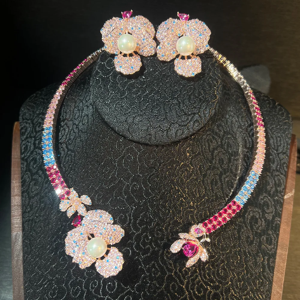 Women Pearl Colored Flower Zircon Open Necklace Stud Earrings Set 2025