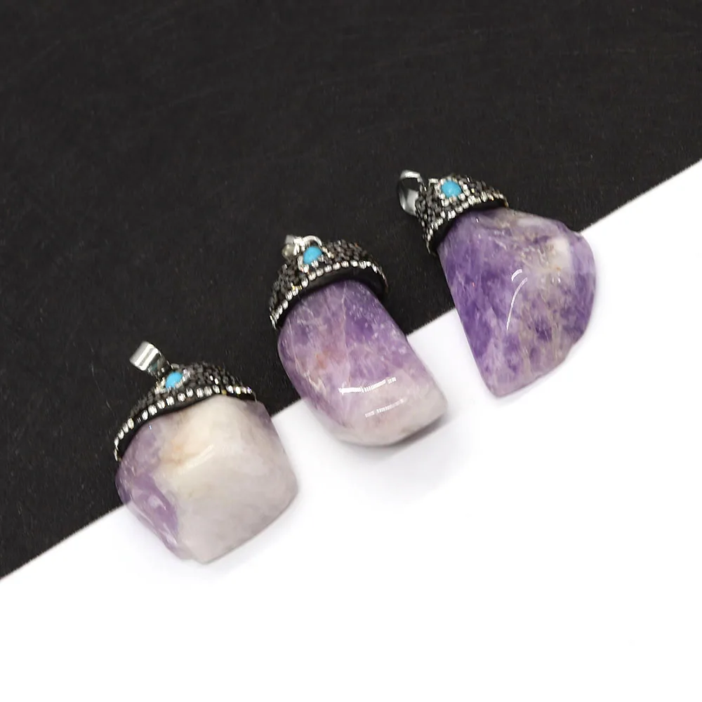 

Natural Amethyst Irregular Pendant Inlaid Rhinestone Semi-precious Stone Charms Accessory 1 Pc For DIY Unique Necklace Jewelry