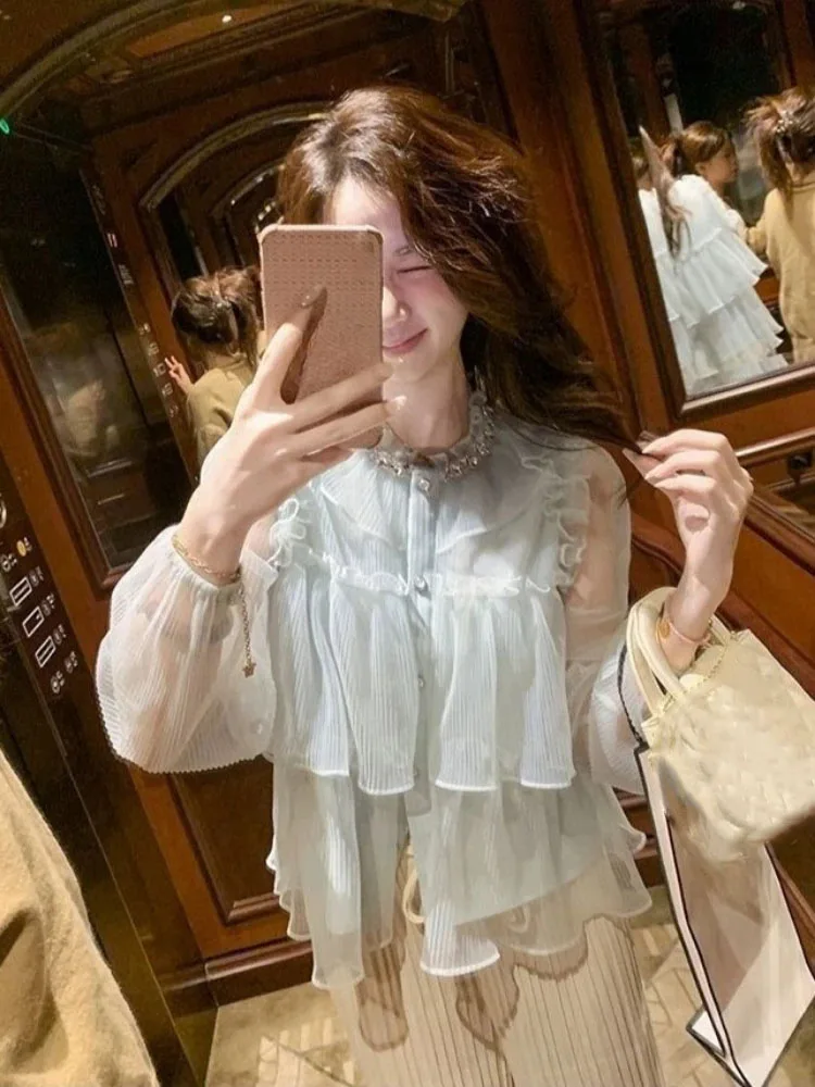 Doce babados camisas femininas 2025 camisas de mujer manga longa blusas soltas vintage único breasted plissado chique blusa coreana