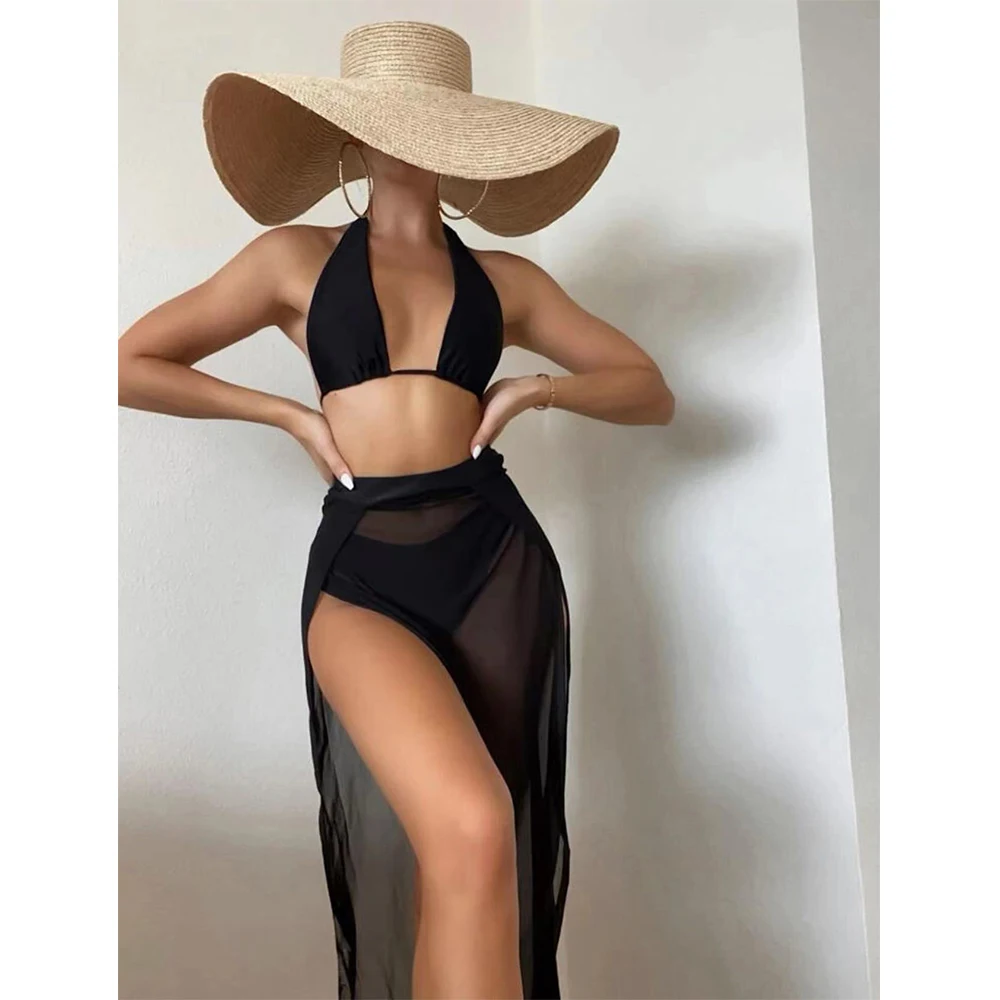 

2023 New Arrival 3 Piece Set Woman Swimsuit House Wear Lace Up Sexy Bikini Set Solid Backless Suit With Skirt Cover Dropshipping