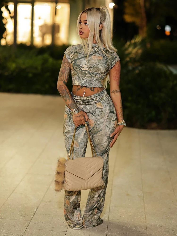 

Женский спортивный костюм с принтом Weird Puss Leaves, укороченный топ с длинными рукавами и круглым вырезом + расклешенные брюки, одинаковые хипстерские уличные наряды