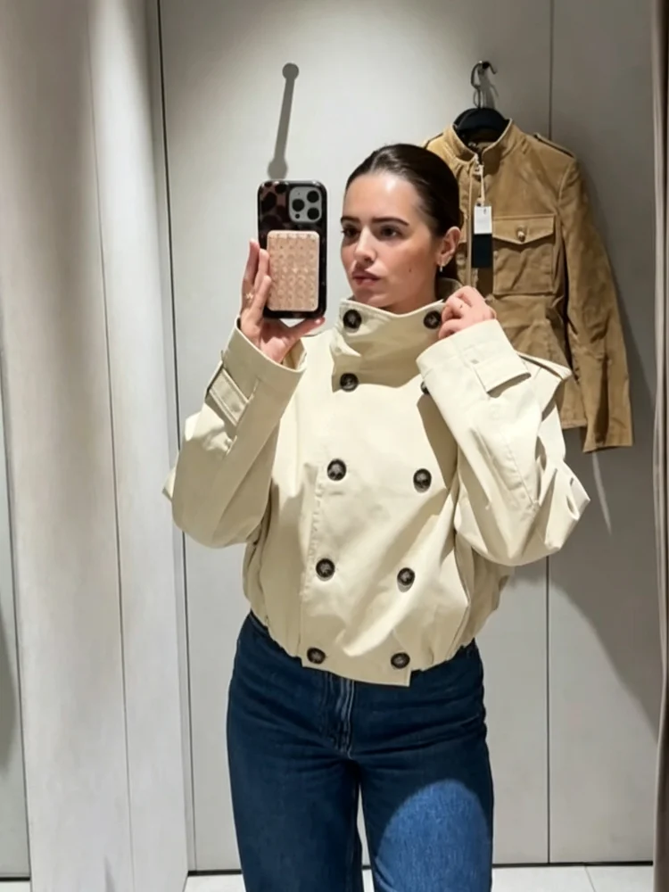 Stand Collar Women's Short Trench Coat Commute Full Sleeve Breasted Jacket Pleating Slim Casual Outwear Autumn Lady Trench Coats