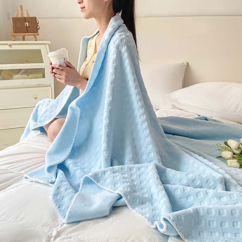 Simple Solid Color Plaid Design Throw Blanket All Seasons, Fashionable Blue Warm Bed Blanket for Boys Girls Adults, Soft Bedding