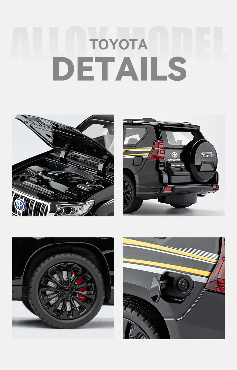 Modèle de voiture en alliage Toyota Prado Land Cruiser SUV, jouet en métal moulé sous pression, véhicules tout-terrain, son et lumière, cadeau pour enfants, 1/18