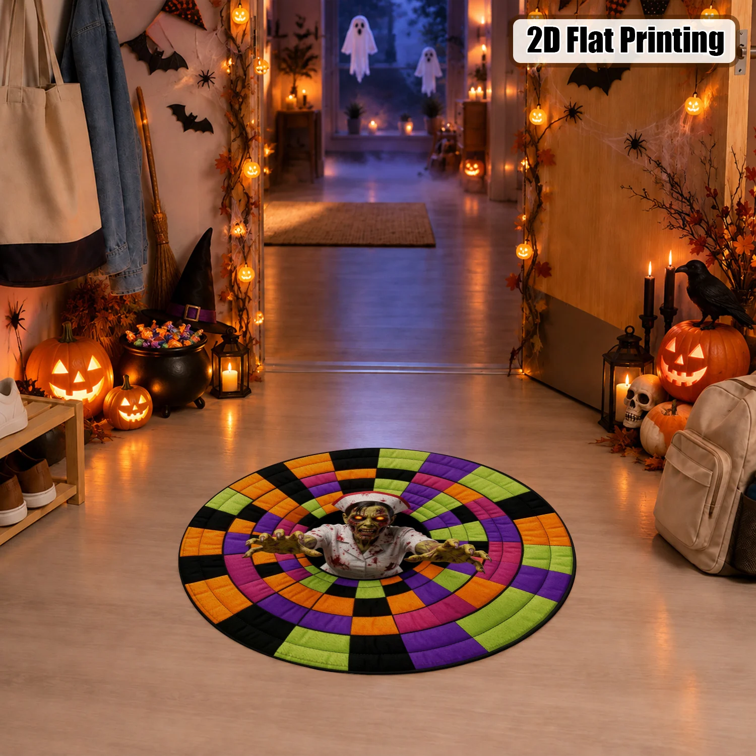 Colorful Zombie Nurse Circular Patchwork Mat Velvet Machine Washable Living Room Bedroom Dining Entryway Floor Decor Halloween Thanksgiving Black Friday Cyber Monday Christmas New Year