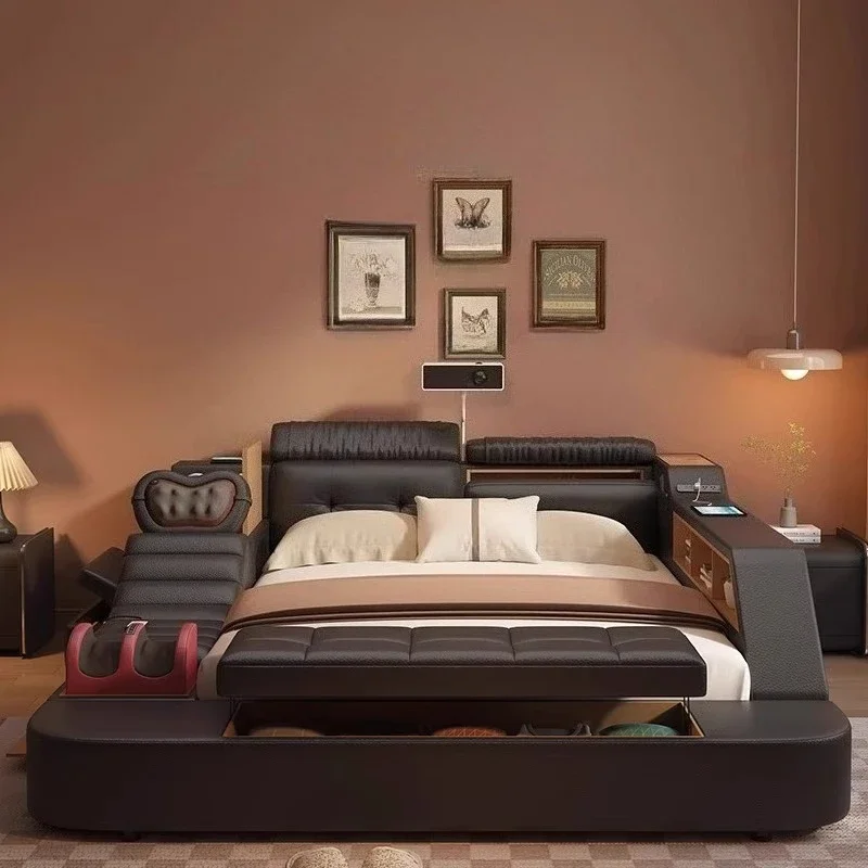 *s. Deluxe With Storage Box Speaker Massage Equipped With Projector Leather Queen Size Bed Frame Bedroom Furniture Beds Double B