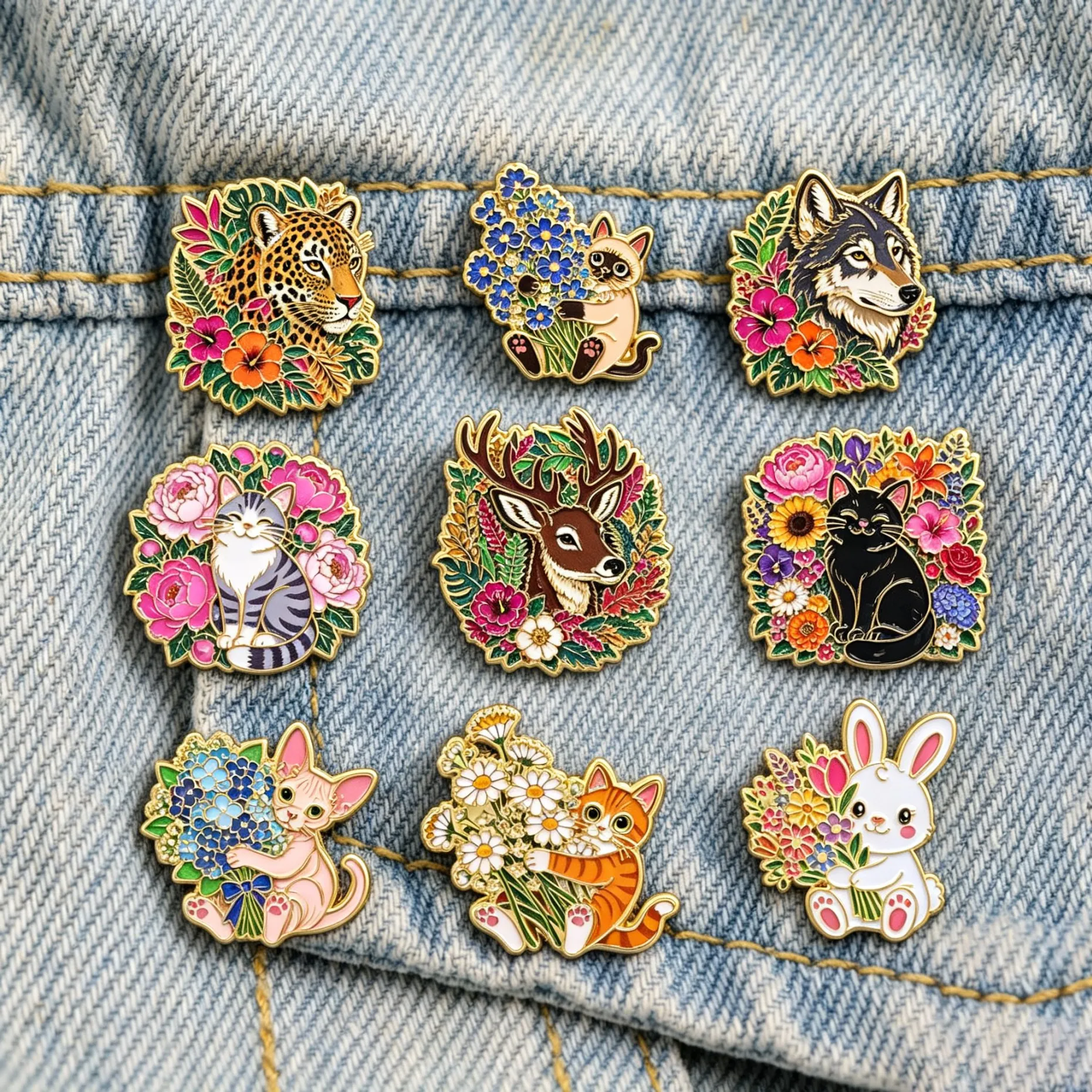 Floral Wild Animal Enamel Pins Leopard Wolf Cute Cat Rabbit Metal Lapel Brooch Badge Denim Jacket Backpack Decor Jewelry Gifts