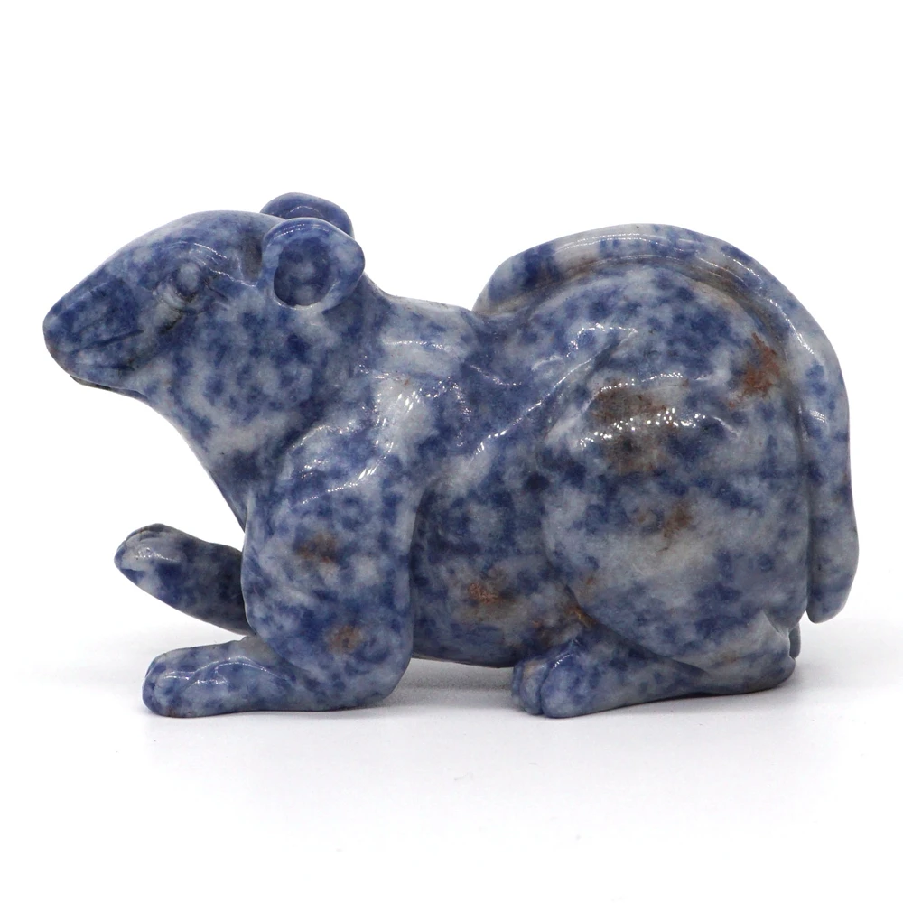 

3.3" Mouse Statue Natural Gemstone Blue Spot Jasper Crystal Carved Reiki Healing Stone Figurine Crafts Home Room Desk Decoration