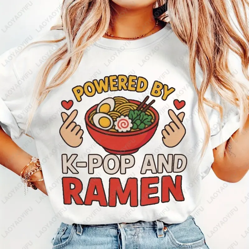 Kpop Ramen Shirt Powered By Kpop T-Shirt Fun Kpop Lover Tee Korean Food Graphic Tee Kawaii Anime Ramen Cotton Men Woman Tops
