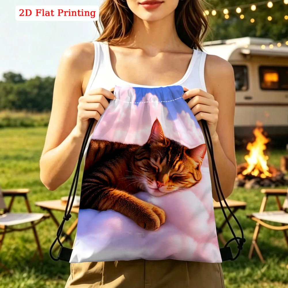 Cute Cat Print, Drawstring Backpack, 2D Flat Printing Sleeping Kitten Design, Gym Sports Bag, Outdoor Travel Cinch Sack