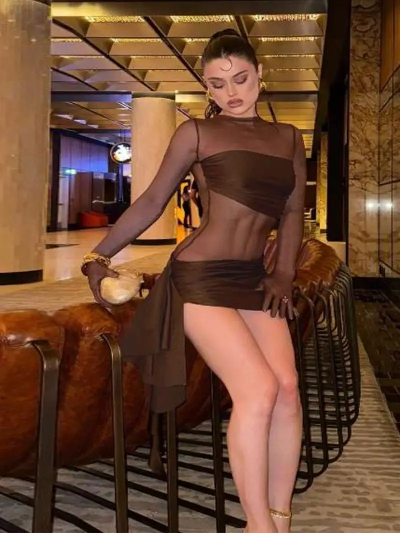 

WEIRD PUSS Высокая талия Slim Fit круглый Ne Sexy See tough Long Sve ort Dr Women's Faion Club Sle Summer Dr