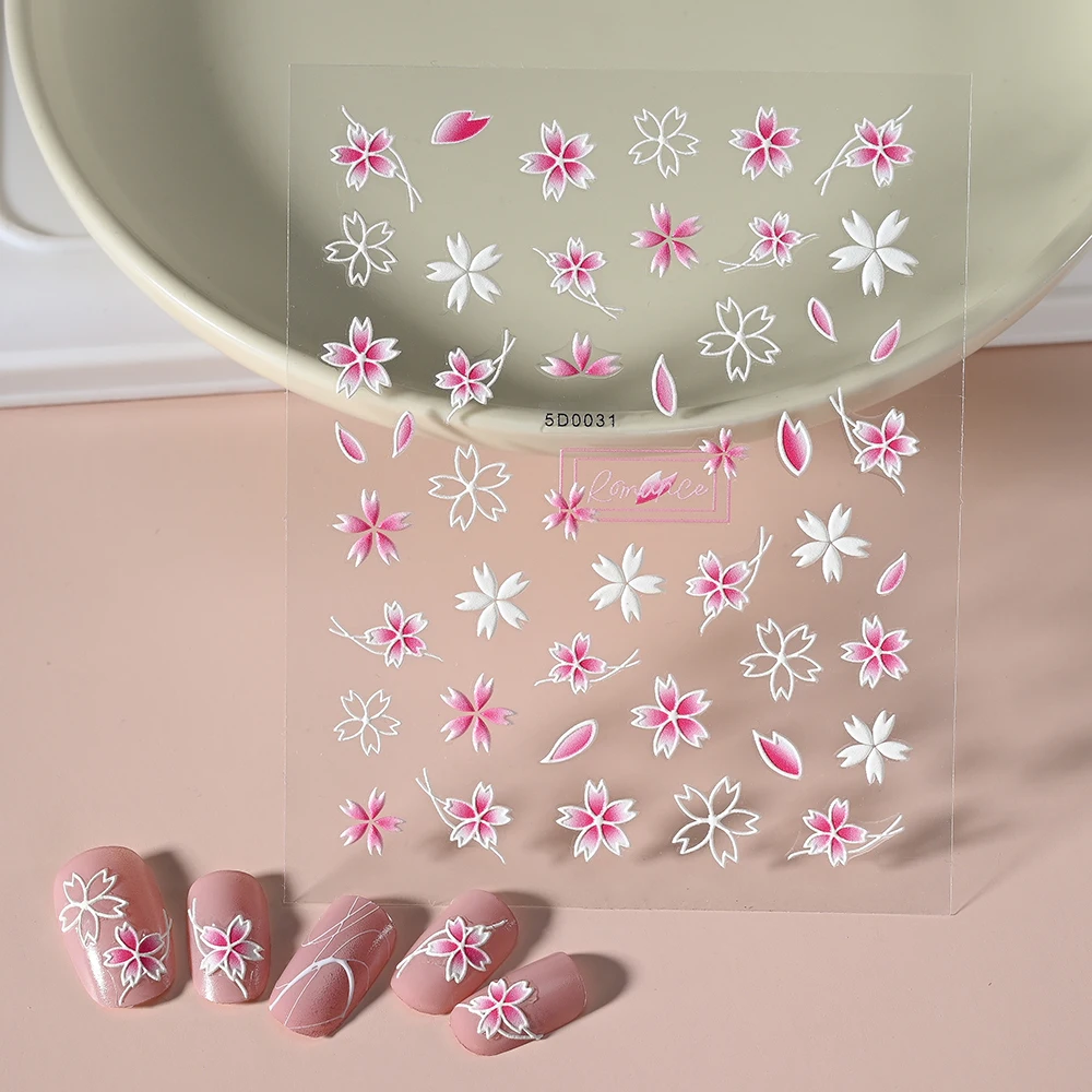 1pc 5D Embossed Acrylic Cherry Blossoms Nail Sticker Japanese Pink White Sakura Flower Nail Decals Self Adhesive Sliders Sticker