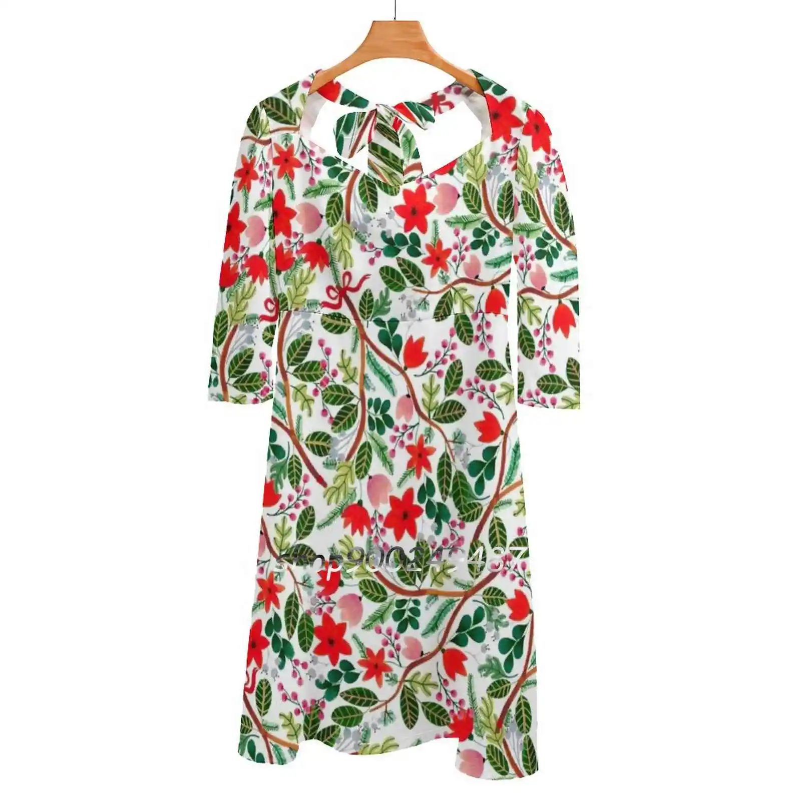 

Christmas Floral Pattern Square Neck Dress Cute Loose Print Dresses Elegant Beach Party Dress Gouache Floral Floral Pattern