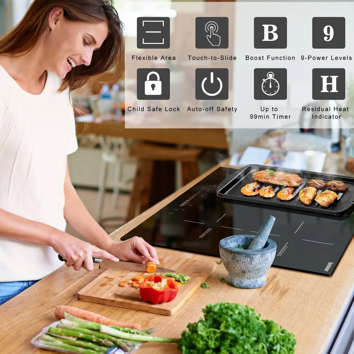 Karinear Induction Cooktop 4 หัวเตา, 7400W 24 ''Built-in Induction Stovetop พร้อม Flex Zone, ล็อคความปลอดภัยของเด็ก, ตัวจับเวลา, Boost,