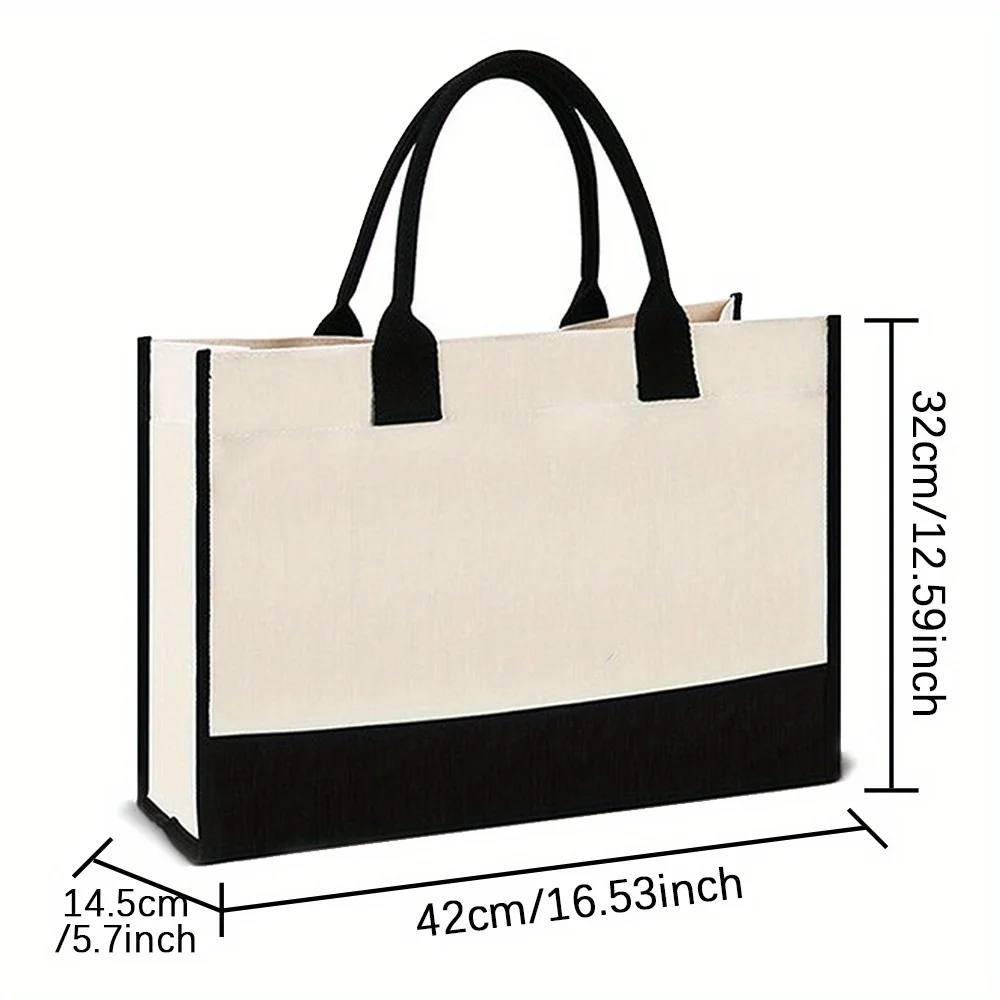 Women Modern Two Color Block Spliced Canvas Tote Bag Designed With Wave Print Large Shoulder Handbag for Shopping Trips