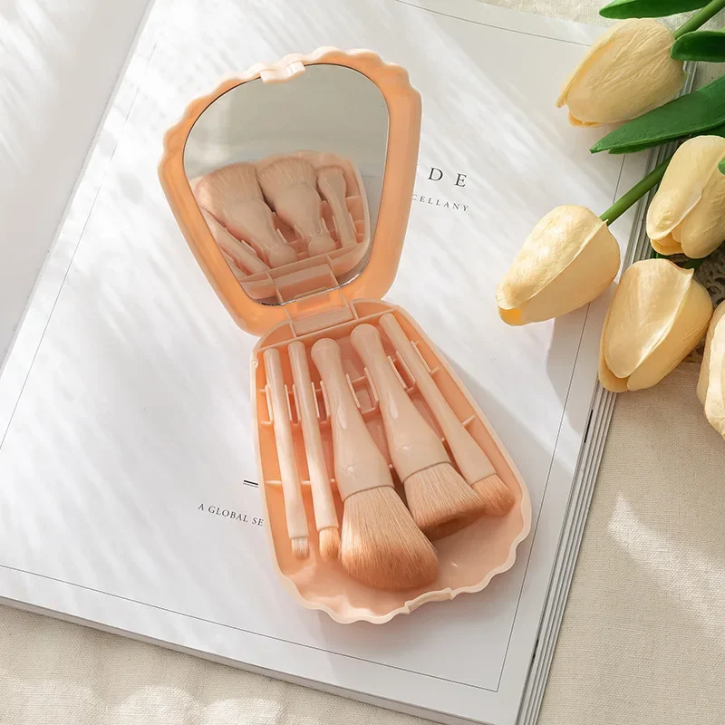 5 Stuks Shell Draagbare Make-Up Borstel Set Cosmetische Borstels Met Spiegel Fundation Borstel Lip Oogschaduw Borstel Reizen Schoonheid Make-Up Tool