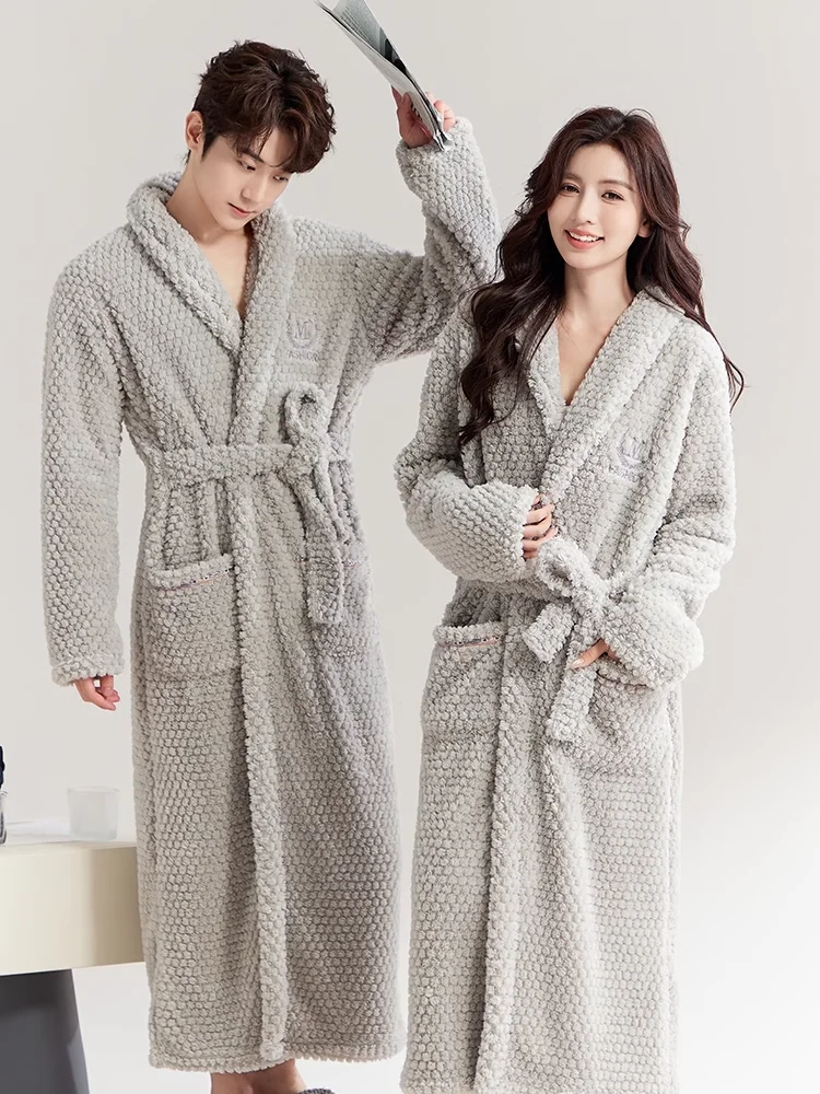 Thickened Flannel Sleepwear Robe for Men And Women Long Plush Coral Velvet Home Clothes Nightgown Couple Matching Pajamas