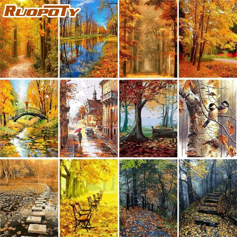 

RUOPOTY 60x75 см рамка Раскраска по номерам осенний пейзаж для взрослых искусственная живопись по номерам ручная роспись художественный подарок