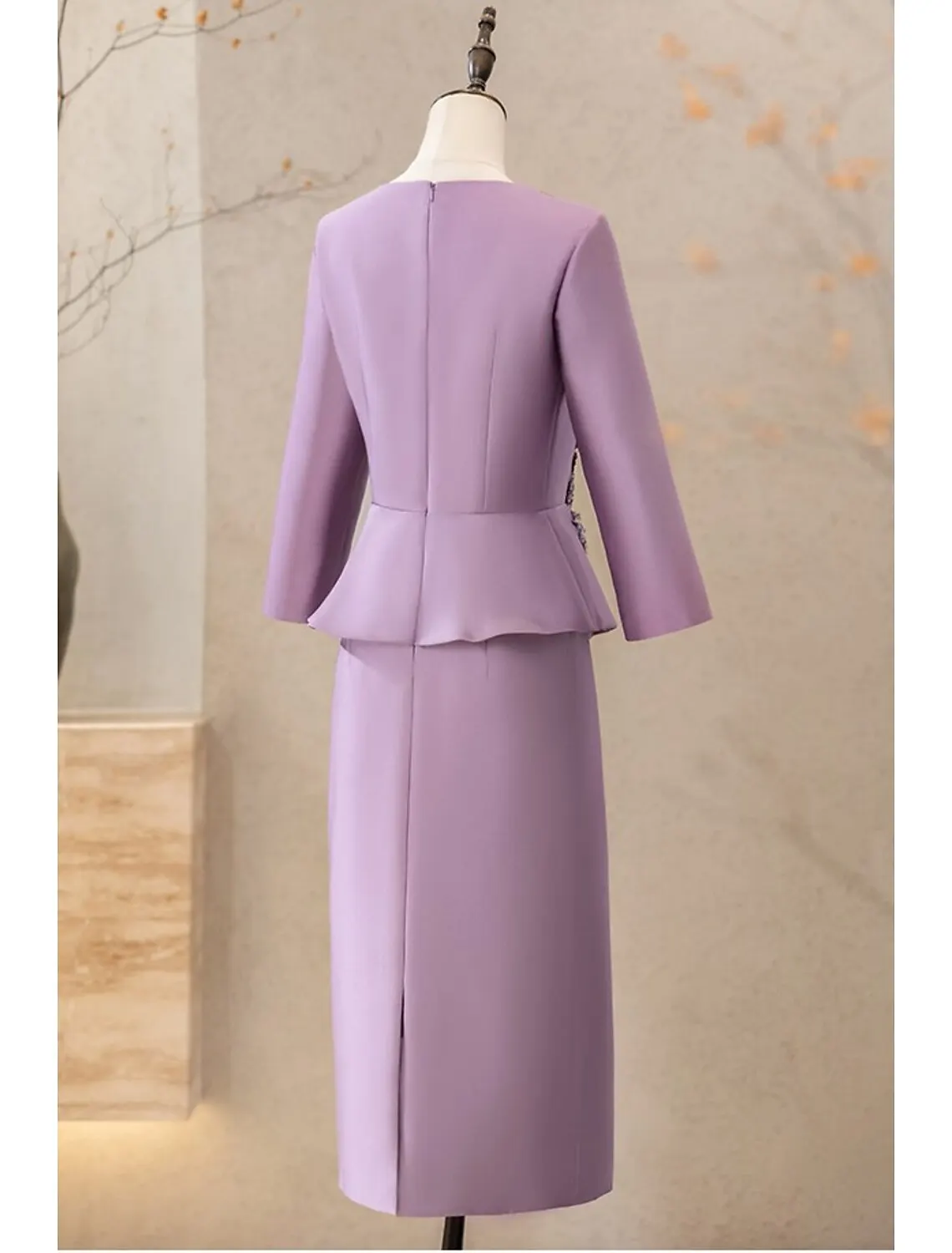 2023 Elegant Two Piece Mother of the Bride Dress Tea Length 3/4 Sleeve V Neck Satin Sheath Lilac Wedding Guest Party Gowns