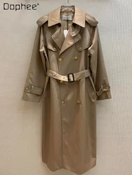 British Style Golden Button Mid-Length Trench Coat for Women 2023 Autumn Winter New Casual Women's Fashion Double Breasted Coat