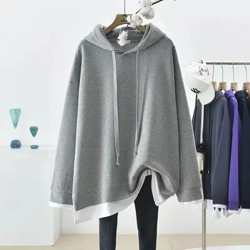 

Autumn Contrast Thin Fake Two Piece Hooded Long Sleeve Lacing Loose Plus Size Sweatshirts Casual Fashion Women Clothing V1419