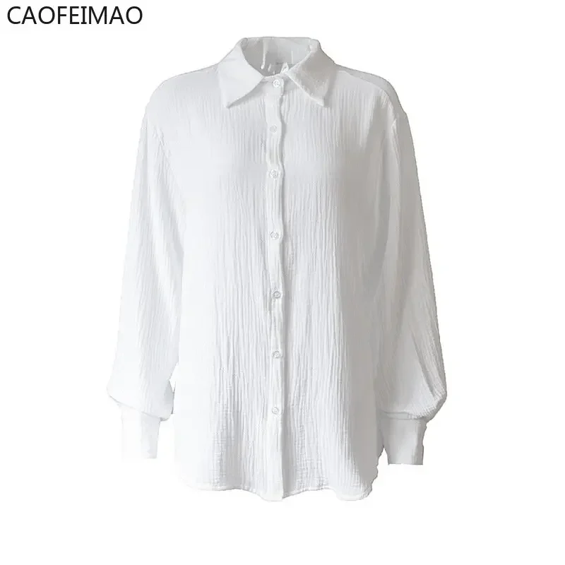 2025 Women's Spring Summer 100% Cotton Shirts Office Lady  Fashionable Solid Lady Long Sleeve Loose Tops Crepe Shirts