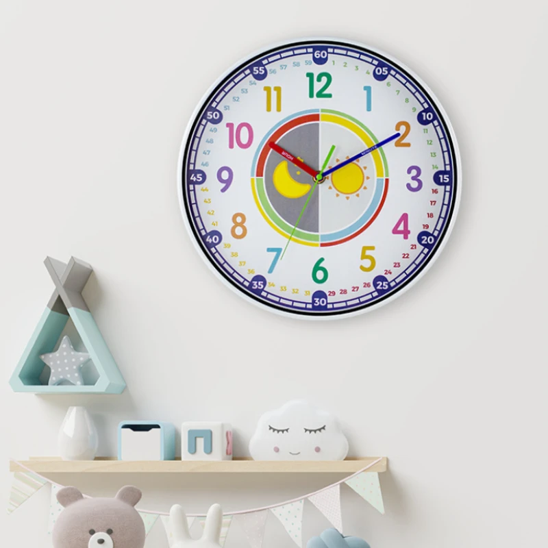 12 inch Silent Wall Clock Children Classrooms Teaching Clock Hanging Kids Room Non-Ticking Colorful Decorative Clock Home Decor