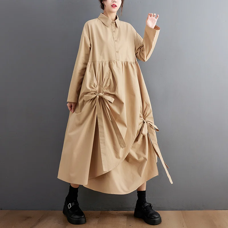 #6827 Black Khaki Long Shirt Dress Polo Neck Buttons Pockets Asymmetric Shirt Dress Women Loose Split Joint Vintage Midi Dress