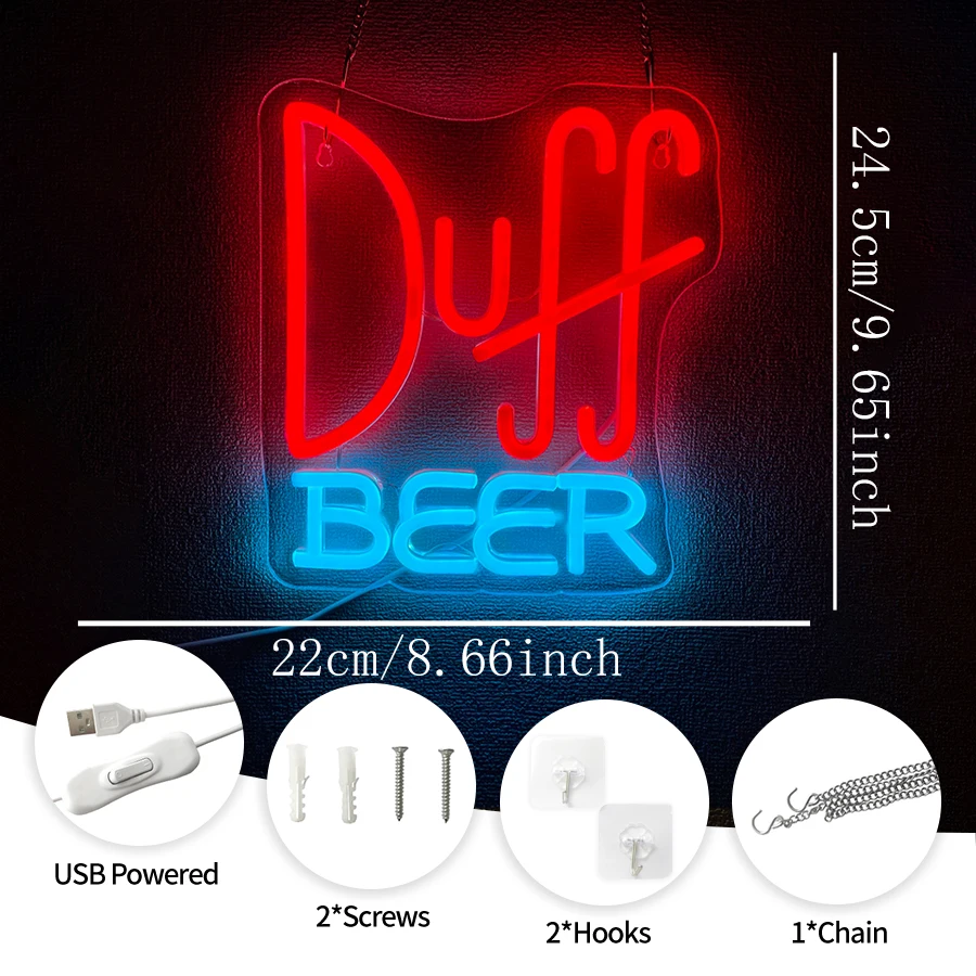 Duff Beer Neon Sign For Wall Decor,Led Neon Light For Bar,Club,Cafe,Restaurant,Bedroom,Party, Man Cave Gift For Fans,USB Powered