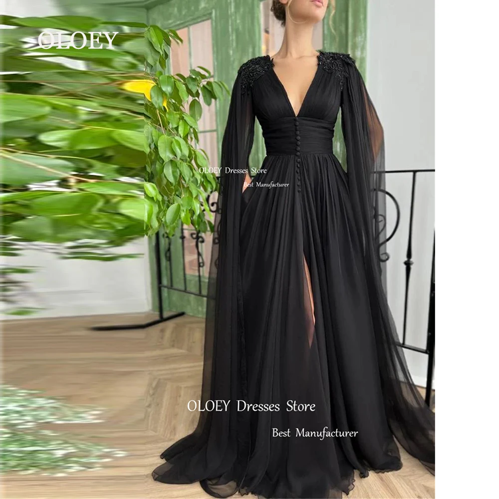 

OLOEY Simple Black Chiffon Prom Dresses Deep V Neck Party Dress High Slit Performance Dress Zipper Back Button Custom Made