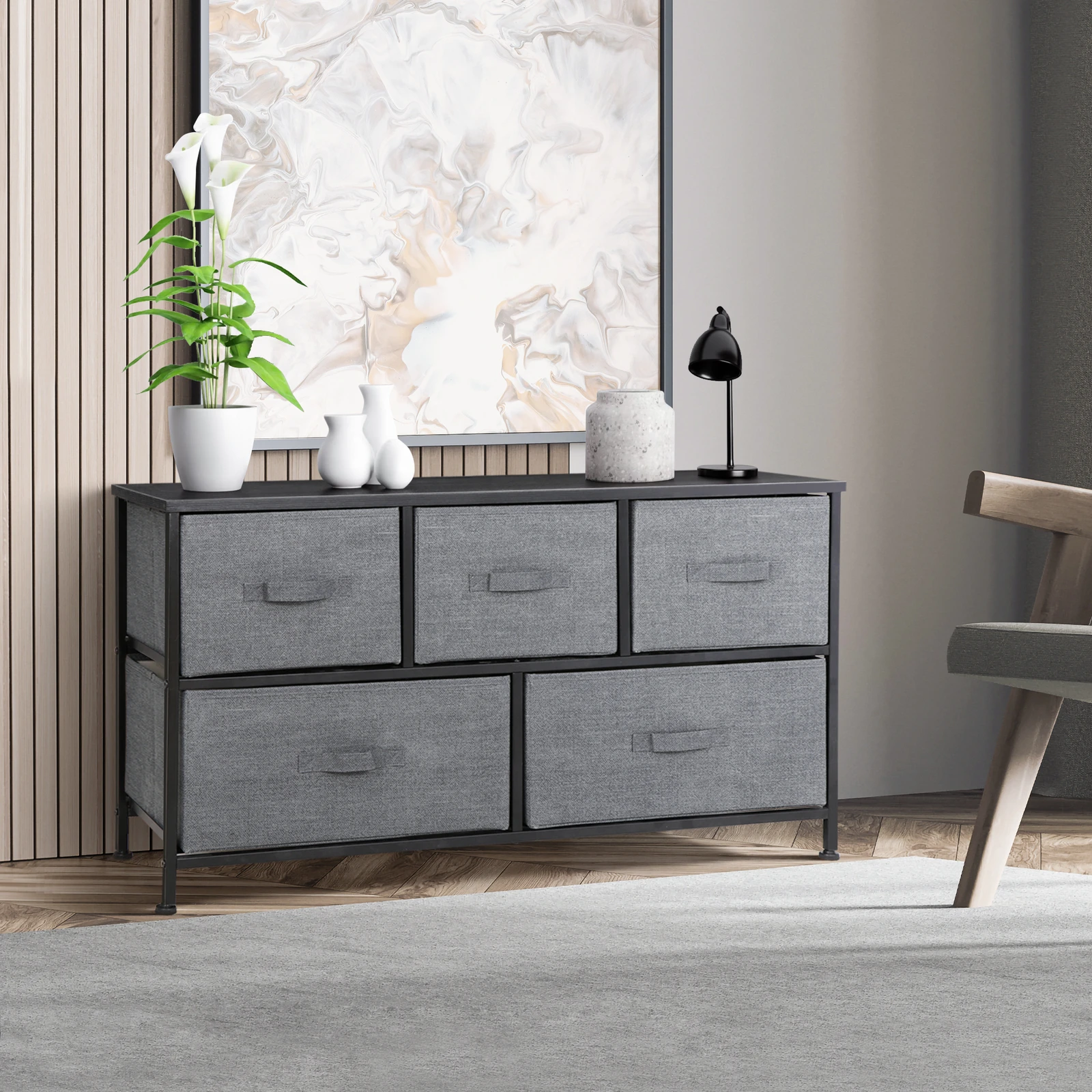 

Dresser for Bedroom with 5 Drawers Wide Chest of Drawer Fabric Dresser Dark Grey