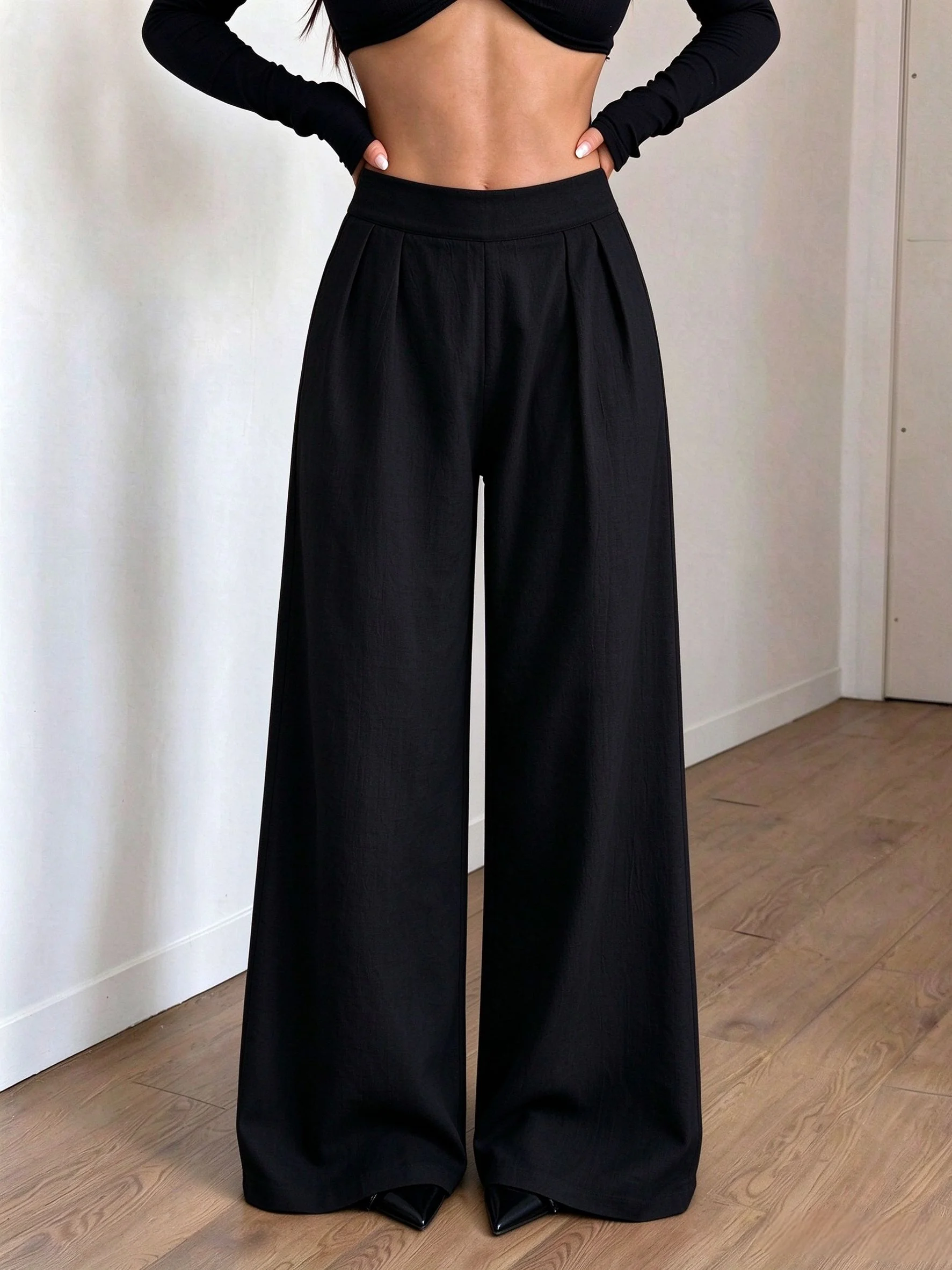 Women High Waist Pleated Wide Leg Pants Crinkle Textured Loose Palazzo Trousers High Elastic Waistband Casual Vacation Beach Bot