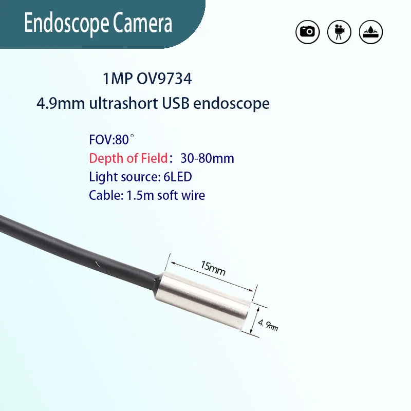 1MP 4.9mm  80° Industrial endoscope probe  pipeline detection 1.5m USB Soft wire ultra short Industrial endoscope