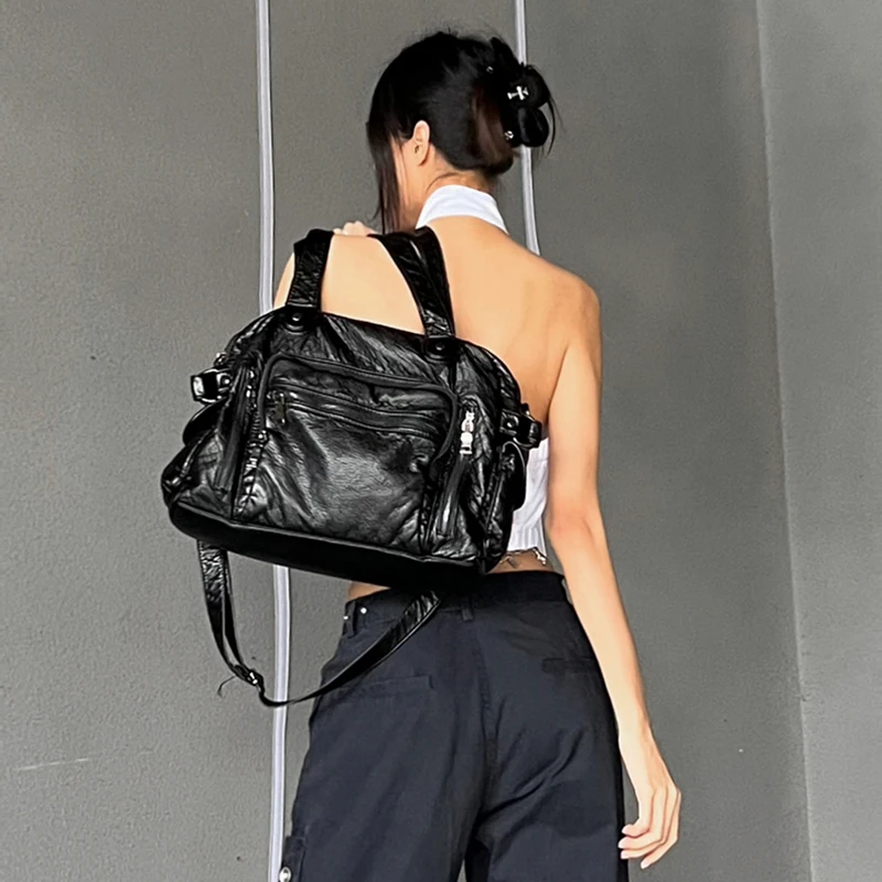 

Vintage Washed PU Shoulder Bag Large Capacity Tote Zip Pockets Braid Decor Cross Body Bag Unisex Women Daily Travel Handbag